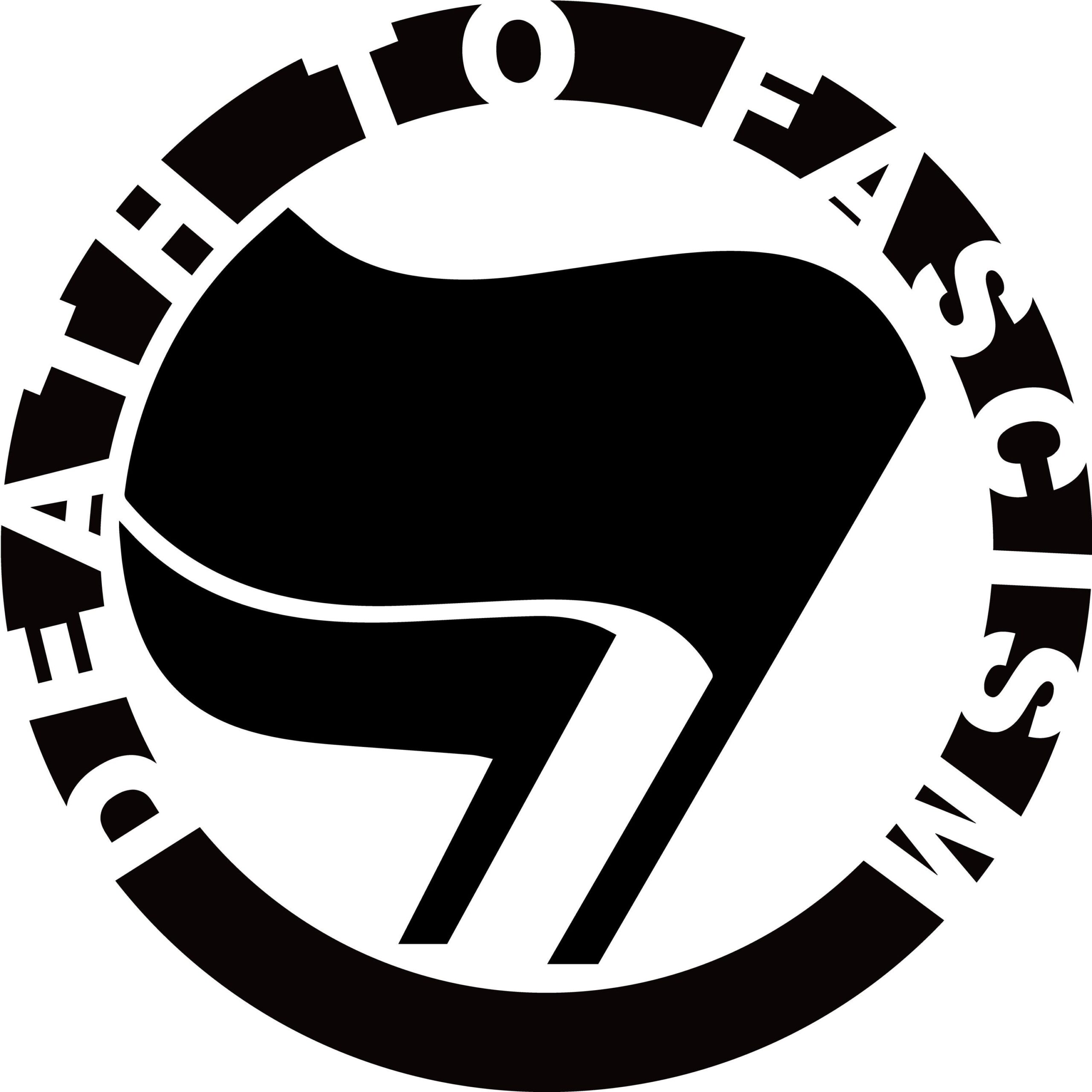 A stencil dfesign of the words"Death to Fascism" arced around the antifascist flags logo.