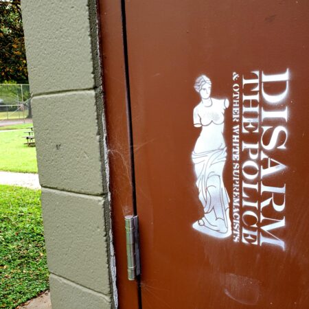 A brown door on a cinderblock structure in a grassy area. The door is painted with a line drawing of the Venus de Milo sculpture which is characteristically armless. She abuts the words "Disarm the Police & other White Supremacists."