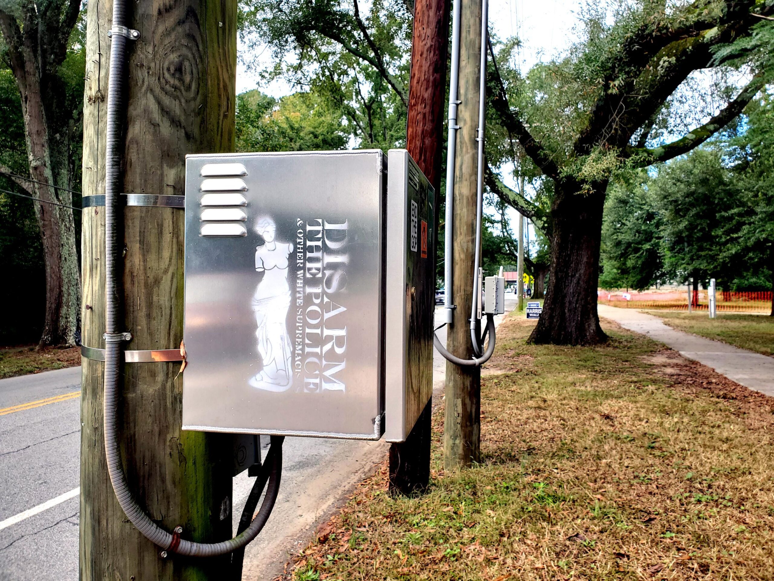 A telephone pole lined street with an electrical box in the foreground. The metallic electrical box is painted with a line drawing of the Venus de Milo sculpture which is characteristically armless. She abuts the words "Disarm the Police & other White Supremacists."