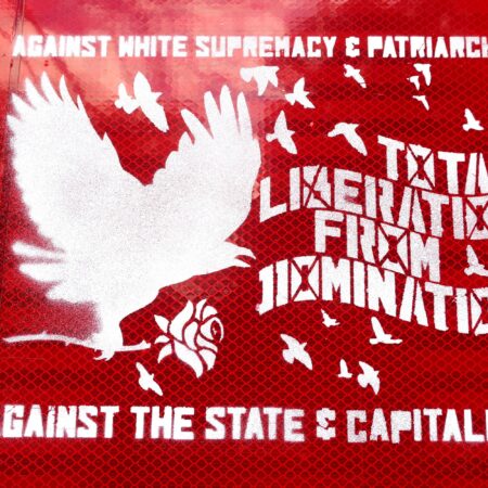 A closeup of a stop sign spraypainted with a stencil in white. The words "Against White Supremacy & Patriarchy, Against The State & Capitalism" frame a murder of crows, the closest of which clutches a rose in its talons. The words "Total Liberation from Domination" appear wavy next to this crow.