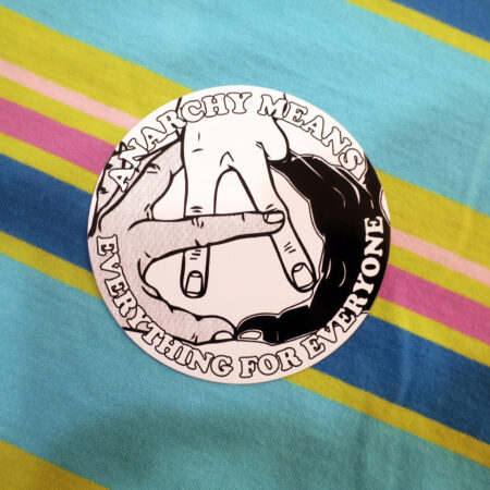 A colorful striped background with a white sticker, on which three hands from people of different skin colors fold together to form an anarchist Circle-A. The text overlaid on top and bottom reads: Anarchy Means Everything for Everyone