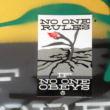 A sticker depicting a red flower bud growing from shattered asphalt, the roots visible below. The words "No One Rules if No One Obeys" appear at the top and bottom of the flower. Below this text, a circled A anarchy symbol.