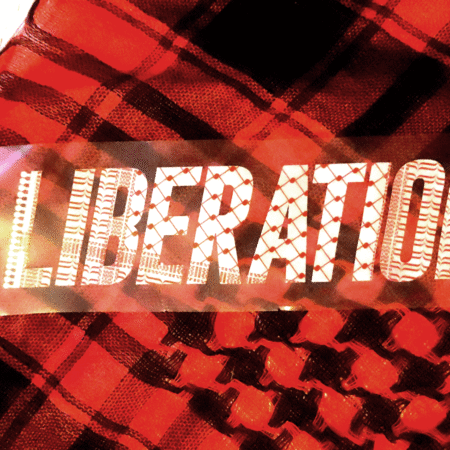 A red and black hipster keffiyeh. with a sticker of the word "Liberation," white and red in traditional Palestinian keffiyeh pattern on a clear background.