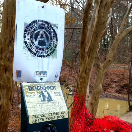 A stencil found painted in the wild on a sign in front of a tree in a park with a creek and a black fence bridging over the creek in the background. A circle-A with words in concentric rings in three levels. The following phrases arc above: No one is coming to save you, They don't care about us, They won't even try. The following phrases arc below: We are all we've got, Without you we got nothing, We are the ones we waited for.