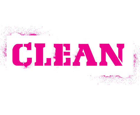 The word "clean" in magenta with a subtle amount of over and underspray.