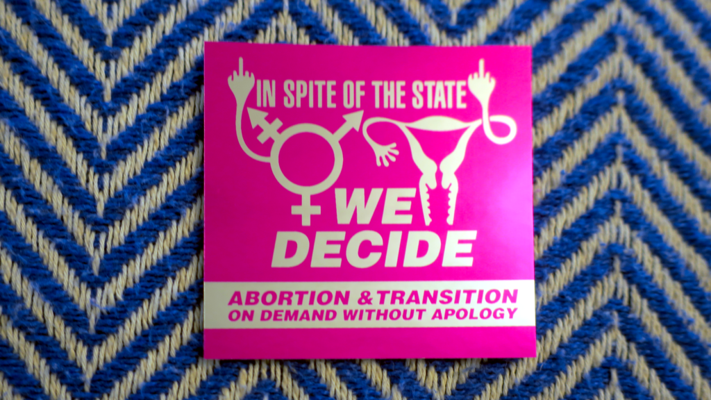 On a blue and white chevron pattern, a sticker in rhodamine red on mirror chrome: a uterus whose lateral Fallopian tube is twisted up and folded into a middle finger gesture, and a trans symbol similarly flipping the bird. Between these symbols, the words "In Spite of the State We Decide; Abortion & Transition on Demand Without Apology" appear.
