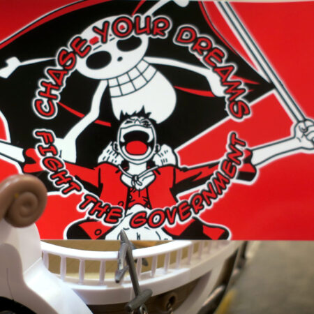 A red and black sticker perched on the deck of the Going Merry with Luffy sitting atop the goat figurehead. The sticker reads "Chase Your Dreams//Fight the Government" in comic book lettering arcing above and below a beloved fighter for freedom and friendship who holds a huge black flag emblazoned with Gen Z's protest image.