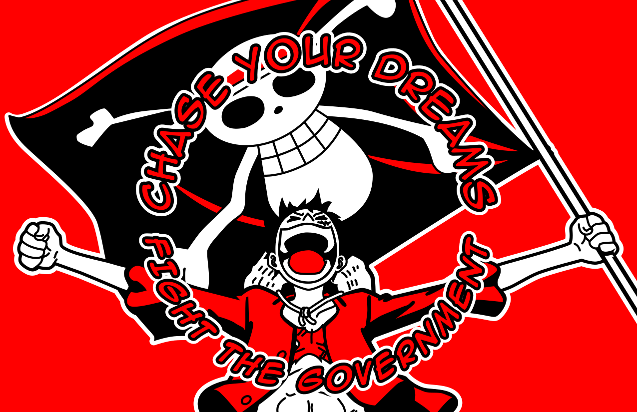A red and black sticker design reads "Chase Your Dreams//Fight the Government" in comic book lettering arcing above and below a beloved fighter for freedom and friendship who holds a huge black flag emblazoned with Gen Z's protest image.